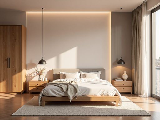 现代卧室套装，床架配床头柜，浅色系设计，简约风格，卧室布置，温馨舒适氛围