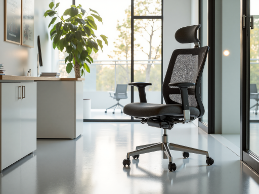 人体工学办公椅，黑色皮革材质，可调节扶手，现代办公环境，专业商务氛围