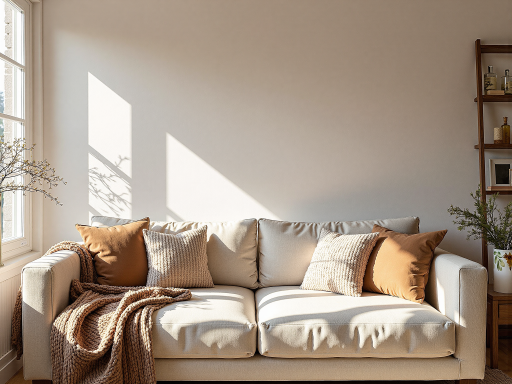 现代风格布艺沙发，米白色设计，简洁线条，搭配木质扶手，客厅布置，温馨舒适氛围