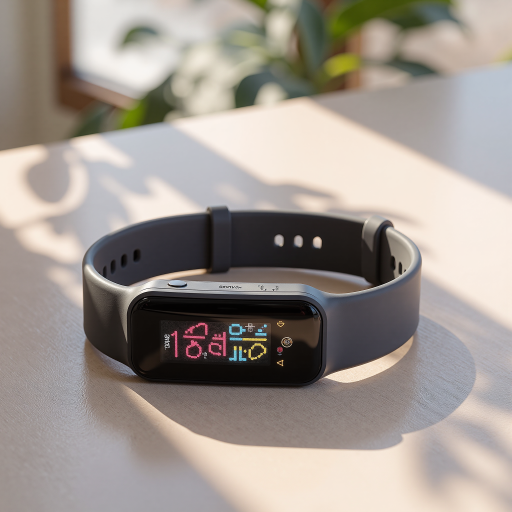 Smart fitness watch with heart rate monitor, black strap, digital display
