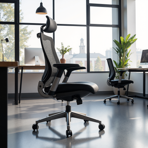 Ergonomic office chair with lumbar support, black leather material